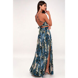 Lulus Back To Your Roots Teal Blue Leaf Print Two-piece Maxi Dress - Size S